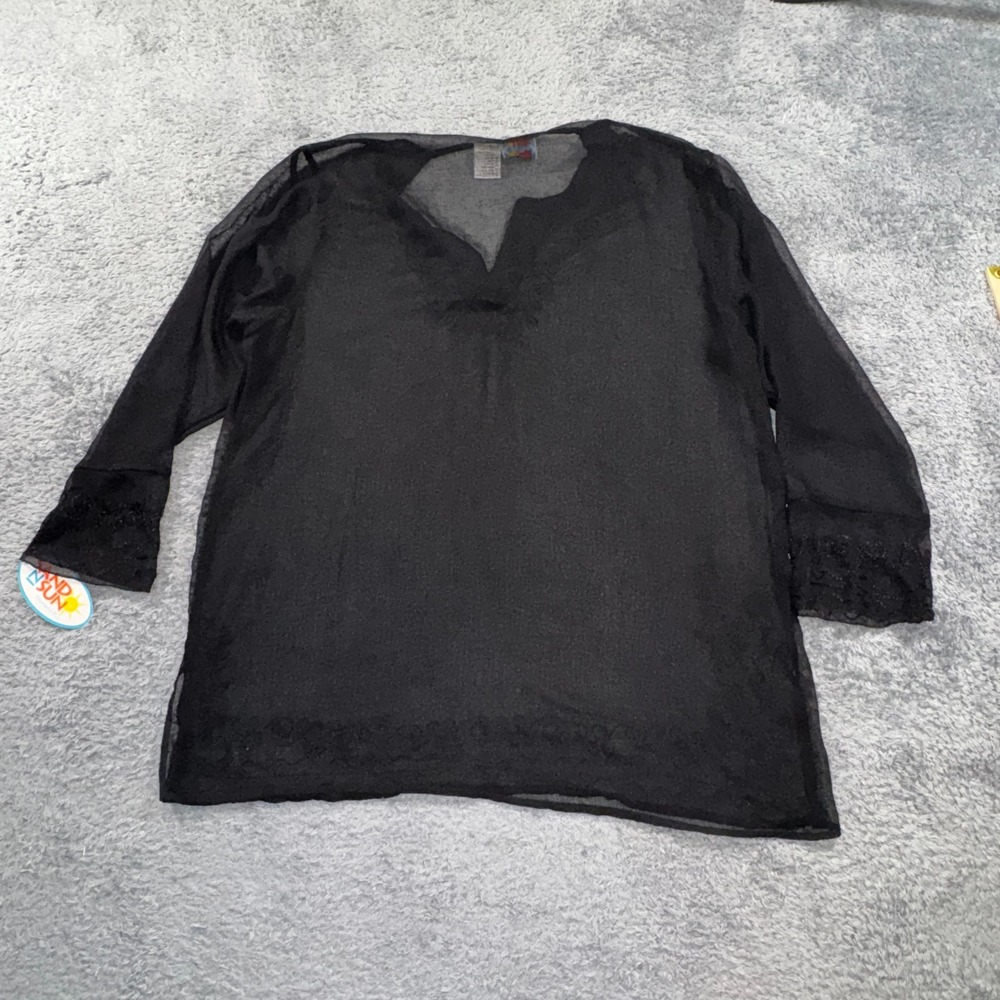 Sand N Sun Womens 1X Black Sheer Embroidered Swim Cover Up Tunic NWT